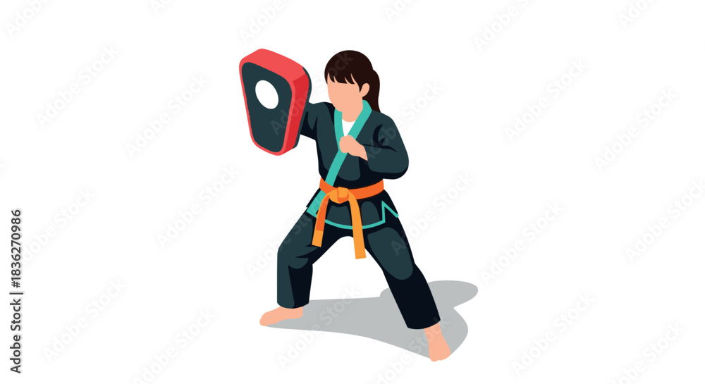 Obraz premium Female martial arts training with punch shield for self defense practice and skill development