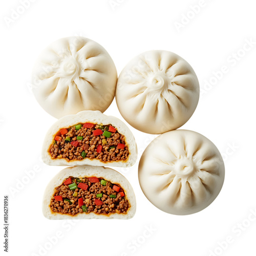 Steamed bao buns with savory minced meat and vibrant vegetable filling isolated.