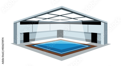 Modern indoor sports arena illustration with geometric design elements for event and sport posters