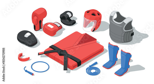 Martial arts training gear collection with boxing gloves, red gi, and protective equipment