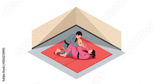 Brazilian jiu jitsu sparring scene in martial arts dojo with athletes on training mat