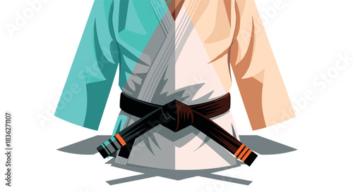 Dual-tone karate gi with black belt and swords design for martial arts enthusiasts