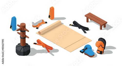 Martial arts training equipment isometric illustration - boxing gloves, belt, roll mat, bench, and wooden dummy for sport design