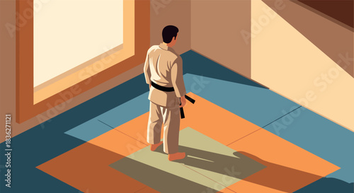 Martial artist in traditional gi practicing karate on colorful mat