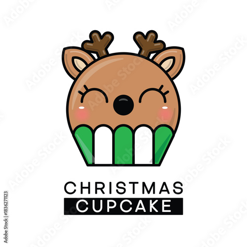 Cute reindeer cupcake cartoon character. Kawaii Christmas deer muffin vector illustration with text. Sweet holiday dessert icon isolated on white background.