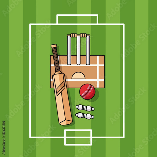 Cricket Bat Ball Wickets and Bails on Pitch.