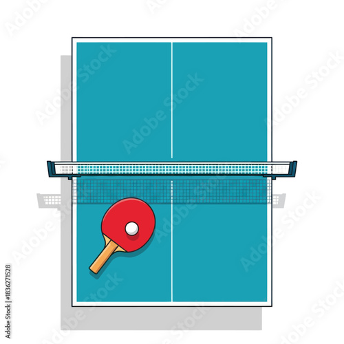 Table tennis equipment with a red paddle and a white ball on the table.