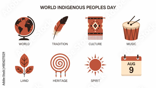 Eight icons illustrating concepts related to World Indigenous Peoples Day