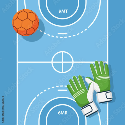 Handball Court Illustration with Ball and Goalie Gloves.