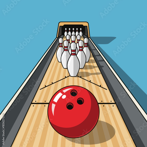 Red Bowling Ball and Pins on Lane.