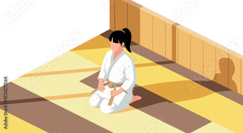 Karate training scene with person in white gi on tatami mat