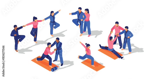Isometric martial arts training illustration featuring karate and taekwondo practice scenes