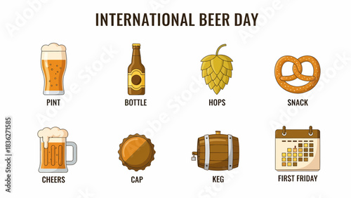 Eight icons related to International Beer Day including a pint bottle hop pretzel mug cap keg and calendar