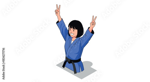 Martial arts victory celebration with happy woman in blue kimono for sports event design