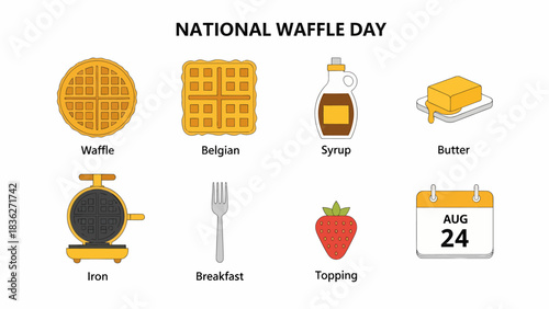 Graphic illustrating National Waffle Day elements featuring waffles toppings and a calendar date