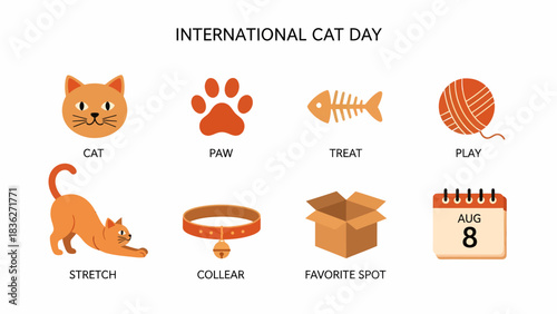 Graphic illustration for International Cat Day featuring eight orange catrelated icons