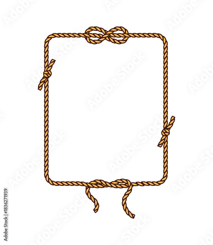 Cartoon groovy square rope frame with knotted corners and a decorative looped knot on top. Vector pirate and corsair object and tool, rectangular twisted rope border. Nautical and rustic thick cord