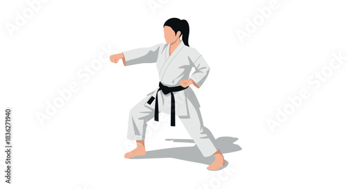 Karate martial artist in white gi practicing a punch with black belt focus