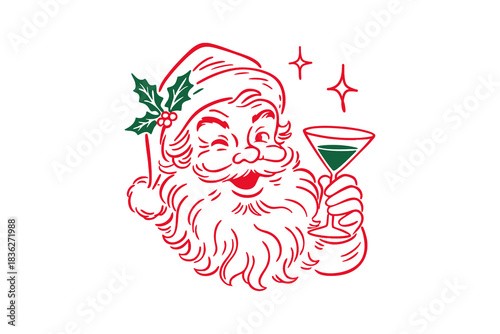 Retro santa claus illustration winking, holding a festive martini glass with holly sprig isolated on transparent background, 