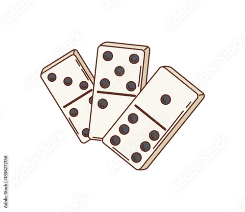 Retro hippie dominoes game stone groovy object. Tabletop board game tile, casino gambling fortune funky groovy 80s vector symbol. Domino three beige pieces or bricks with black dots