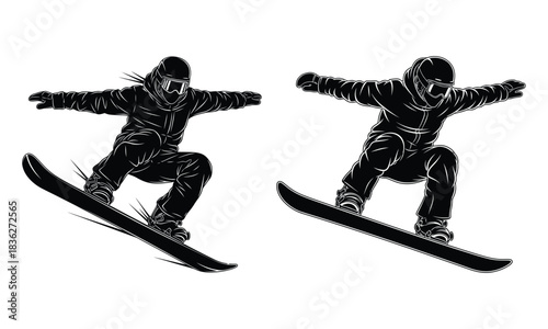 Two dynamic snowboarder silhouettes performing freestyle tricks, winter sport
