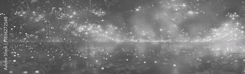 Panoramic fireworks display reflected on water at night sky