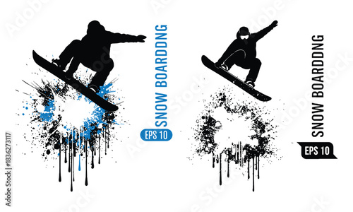 Dynamic snowboarder silhouettes mid-air with vibrant grunge paint splashes.