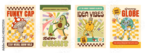 Groovy cheerful hippie characters posters with cartoon mushroom, Earth, avocado and light bulb. Retro y2k vector personage posters with hippie daisy flowers and groovy psychedelic pattern background