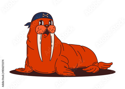 Cartoon funny walrus funny animal pirate and corsair character with a sharp tusks. Isolated vector morse sea creature filibuster, wearing sailor bandana. Charismatic filibuster underwater personage