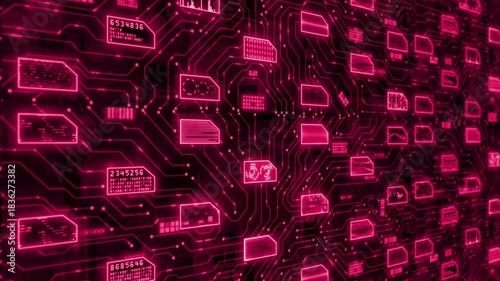 Magenta red color complex data transfer binary code big data hi tech matrix design black technology background