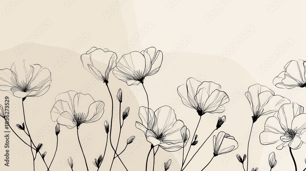 Naklejka premium A black and white illustration of a floral arrangement with poppies and other flowers, set against a neutral background with a soft, blurred texture.