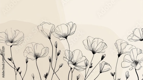 A black and white illustration of a floral arrangement with poppies and other flowers, set against a neutral background with a soft, blurred texture.