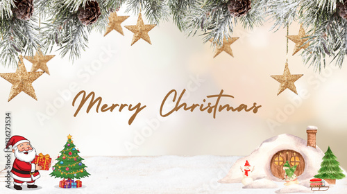 Whimsical Holiday Scene With Santa Christmas Tree And Snow Covered Dwelling Evoke Festive Cheer
