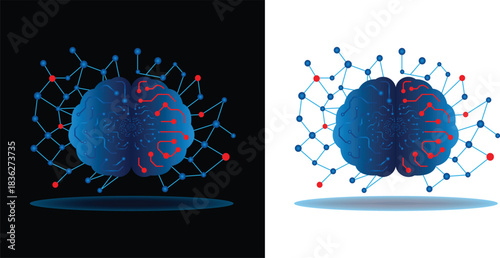 Output alert. blue brain with red hallucinated output alert and smiling icon indicating incorrect, black and transparent background.