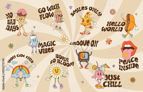 Funny hippie and Y2K groovy stickers with cartoon characters, vector set. Groovy stickers with trippy psychedelic rainbow and daisy flower smile, lip kiss and funky popcorn with hippie quotes