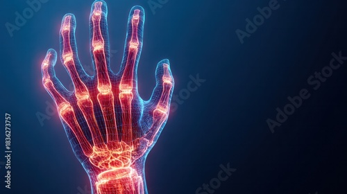 Human Hand X-ray: A vivid, illuminated X-ray of the intricate bone structure within a hand, showcasing the complex network of joints and skeletal framework against a dark background.