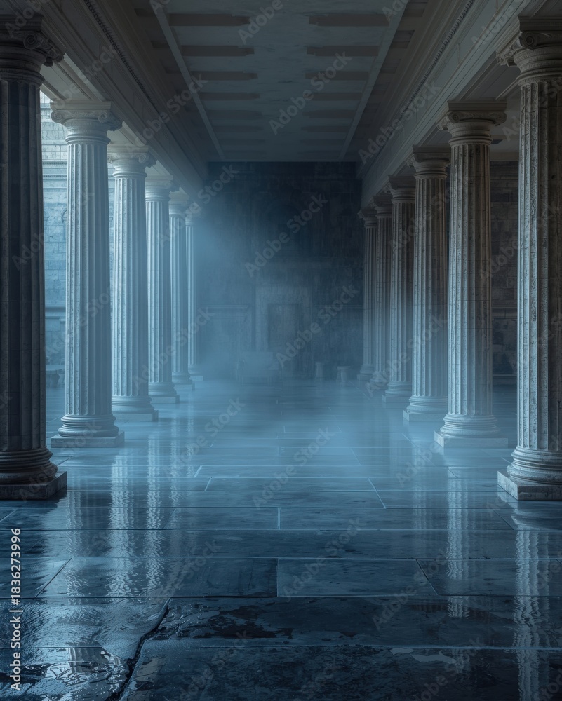 Fototapeta premium Mysterious Ancient Greek Colonnade bathed in ethereal light and swirling mist