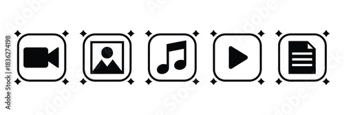 AI icon set with buttons for generating image, video, audio, and text using artificial intelligence, designed as a clean vector illustration