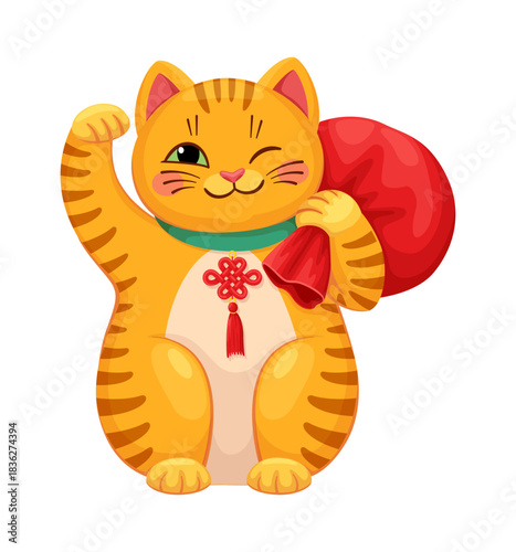 Maneki neko Japanese cat with money bag and lucky knot, vector cartoon character. Maneki neko lucky cat or animal toy with Chinese money pouch Hebao and waving paw for luck and fortune symbol