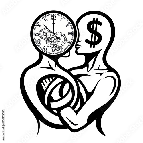 Conceptual black and white illustration of time and money.