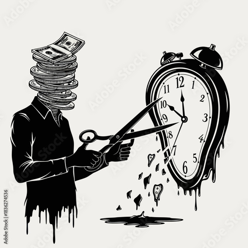 Man with stack of money for head cutting melting clock with scissors.
