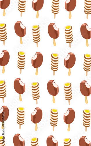 Wrapping paper pattern of chocolate ice cream pops and Twisted ice cream on a white background