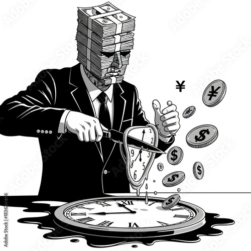 Man with money for a head cuts a melting clock, symbolizing time is money.