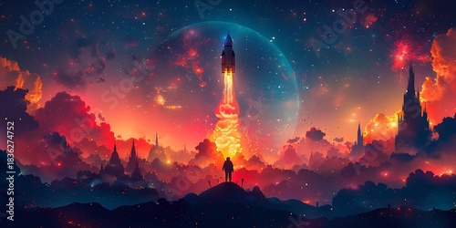 Panoramic Cosmic Dreamscape Rocket Launch and Alien City Under a Nebula Sky