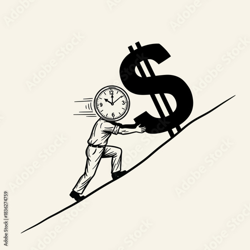 A person with a clock for a head pushing a dollar sign uphill.