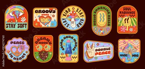 Retro groovy label stickers, vintage hippie patches with psychedelic characters. Vector y2k hippie rainbow mushroom, flower, peace heart and sunglasses, groovy melting smile emoji and eye stickers