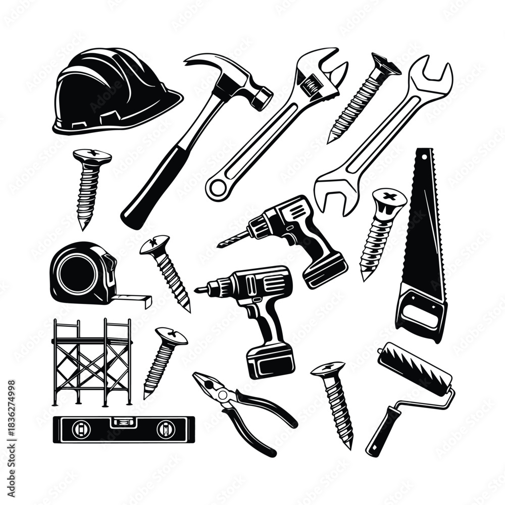 Fototapeta premium Collection of hand drawn construction tools and safety equipment silhouette