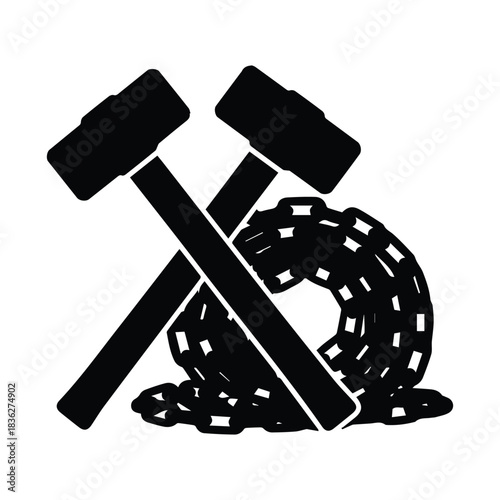 Crossed hammers and chain symbolizing labor and industry silhouette