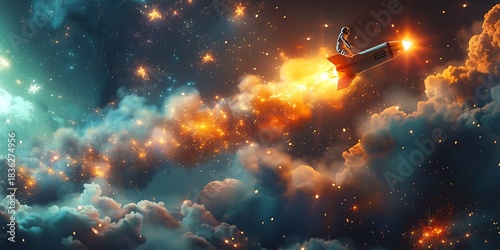 Panoramic view of a person on a rocket ship soaring through a starry galaxy