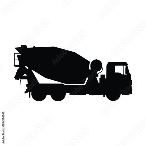 Industrial concrete mixer truck in a stark black silhouette on a white background